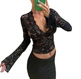 Women Y2k Lace See Through Top Sexy Sheer Mesh Long Sleeve Crop Top Low Cut Floral Lace Slim Fit Shirt(Flare Sleeve Black,Small)