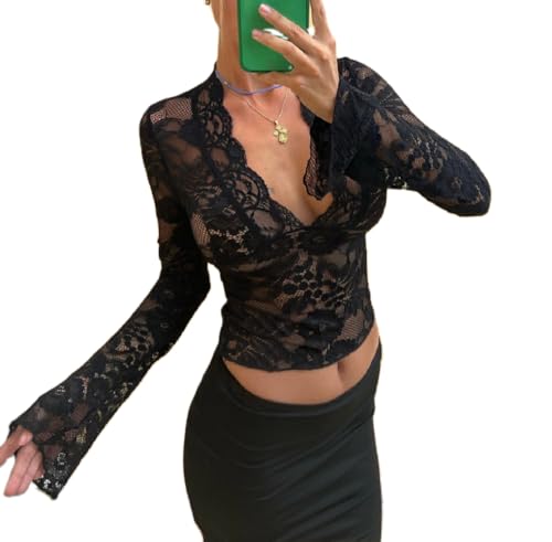 Women Y2k Lace See Through Top Sexy Sheer Mesh Long Sleeve