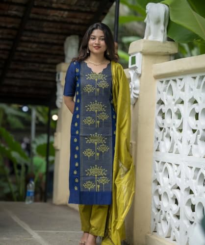 Image of GoSriKi Kurta Sets for Women Viscose Blend Printed | Kurta Pant Dupatta Set | Straight Kurti Set for Women | Pan Shape Neck Elbow Sleeve Ethnic Suit | Designer Indian Kurti Outfit with Pants