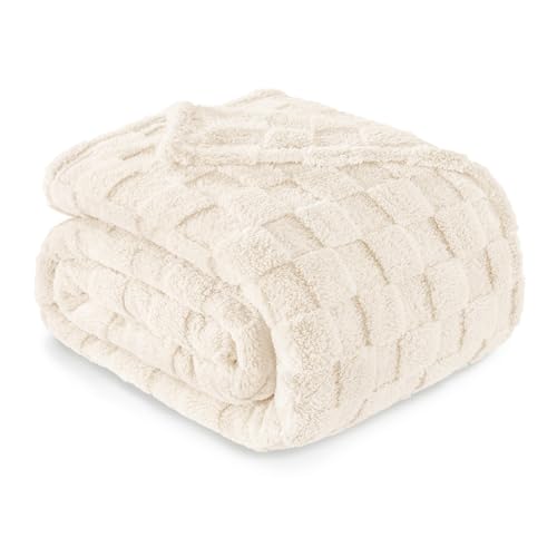 Exclusivo Mezcla Plaid Couverture Polaire à Motif Carreaux, Plaid jeté de Canape Super Doux et Chaud, Léger pour Toutes Les Saisons, 220x240 CM, Ivoire