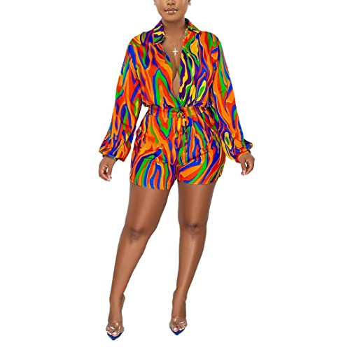 Lexiart Womens Sexy V Neck Long Sleeve Colorful Printed High Waisted Shorts Romper Clubwear Xl #TOP3