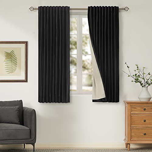 Image of 100% Blackout Black Velvet Curtains 63 inches for Living Room,2 Panels Rod Pocket Back Tab Thermal Insulated Room Darkening Curtain with Liner Heavy Noice Reducing Soundproof Window Drapes for Bedroom