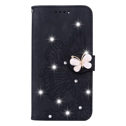 Étui Google Pixel 6 noir : housse portefeuille en cuir à rabat papillon