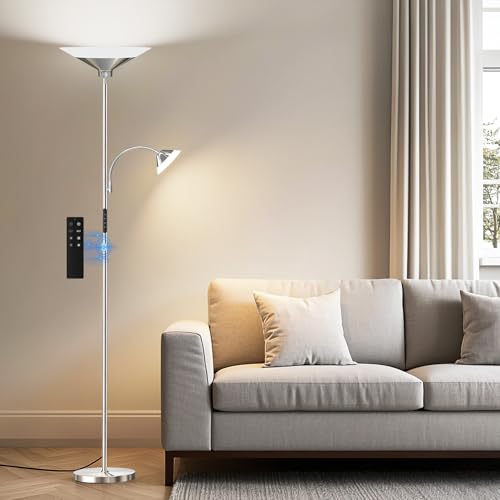 Image of SIBRILLE Metallic Sliver Torchiere Floor Lamp, 2 Way 72'' Dimmable LED Standing lamp with Rmote, Multi Color Temps, 34W Tall Light with Independent Control for Living Room Bedroom Office Reading