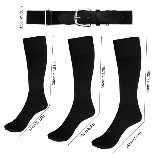 Mikovivi Jugend Baseball Socken Gürtel und Ball Kombi Set, Kinder Softball Socken Verstellbarer Gürtel und Baseball für Jungen Mädchen (Schwarz, S)