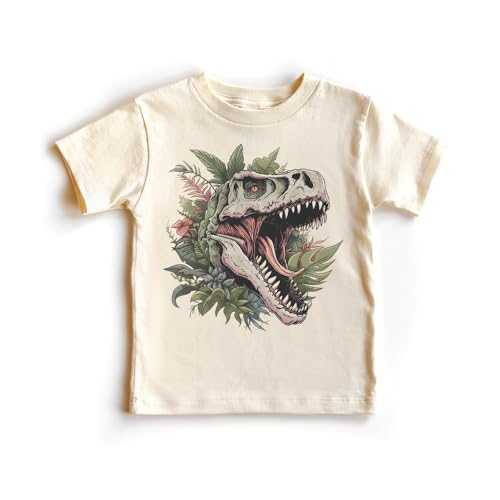 T-Rex Toddler T-Shirt - Botanical Dinosaur Shirt - Tyrannosaurus Rex Dinosaur Birthday Theme - Natural Toddler & Youth Tee