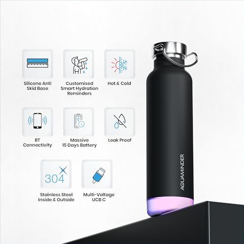Image of Aquaminder Smart Water Bottle | RGB LED Glow & Timer Hydration Reminder with BT Mobile Phone Connection, Thames with App 600 ML (Black)