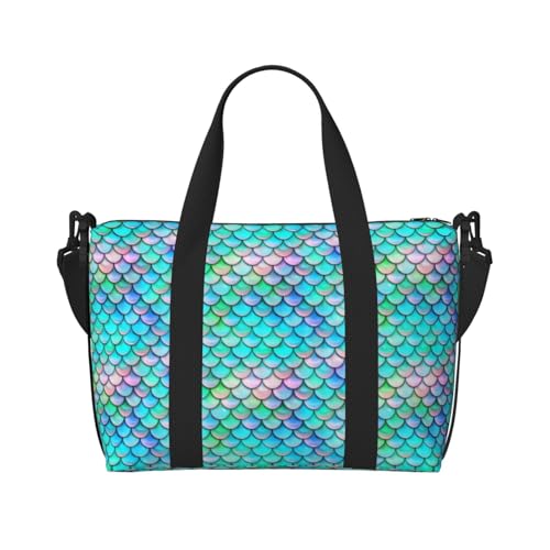 Fish Scale Mermaid Foldable Travel Tote Bag With Multiple Pockets Durable Weekend Overnight Duffel Bag For Gym Camping Hiking Business Trip