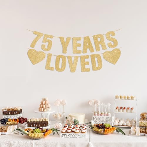 Image of Pre-Strung 75th Birthday Banner - Gold Glitter, Happy 75th Birthday Party Decorations for Women & Men, 75 Year Old Anniversary Decor Bday Sign Gifts