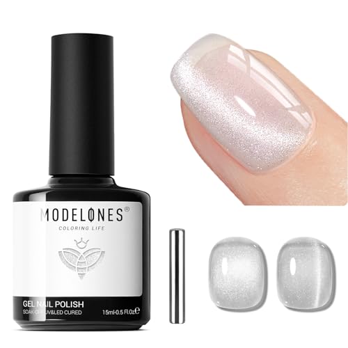 Image of modelones Cat Eye Gel Nail Polish, Silver White Glitter Gel Polish with Magnet 9D Holographic Clear Crystal Nail Polish Soak Off UV Shimmer Polish 15ML