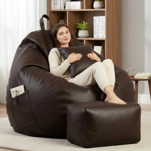 Image of KAM'S LIEU 5XL Luxury Faux Leather Bean Bag with Footrest & Cushion | Pre-Filled High-Density Polystyrene Beans | Premium Leatherette | 6 Months Warranty Color- (Brown, with Footrest)