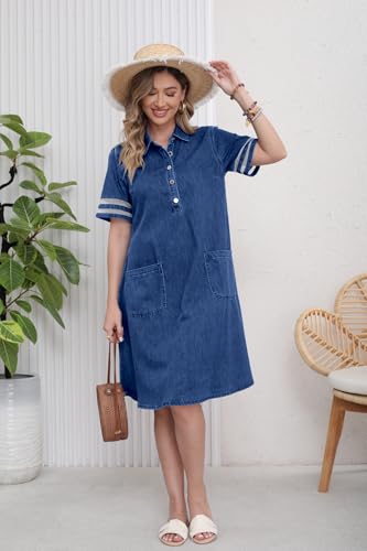 Image of utcoco Denim Dress for Women 2026 Casual Tulle Short Sleeve Button Jean Midi Dress with Pockets