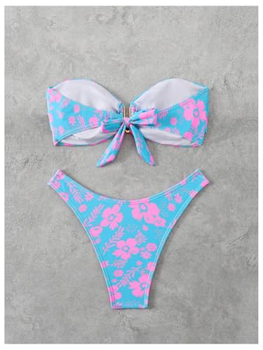 SHENHE Women's 2 Piece Strapless Swimsuit U Wire Floral Tie Back Ruched Bandeau Bikini with Thong Set2