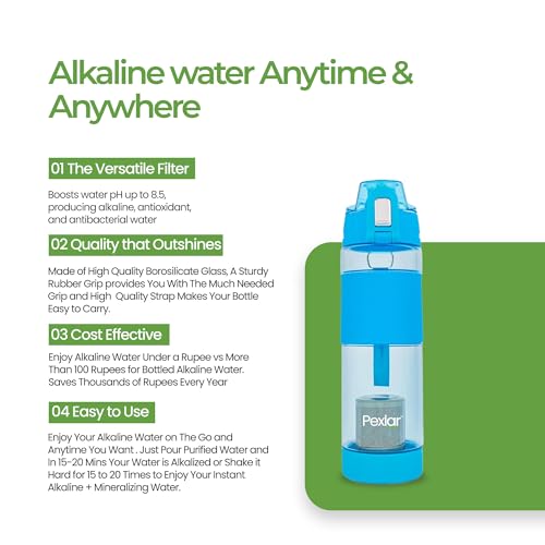 Image of Pexlar Multi Stage Alkaline Water Filter Bottle | Alkaline Water Generator | Blue | 650 ml | BPA Free | Upto 8 to 8.5 pH Alkaline Bottle