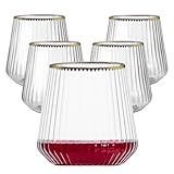 Lueumxc 40 Pack Plastic Ribbed Wine Glasses, 14Oz Origami Disposable Wine Glasses Unbreakable Clear Plastic Cocktail Glasses Recyclable Shatterproof Reusable Wine Cups (14oz-Gold Rim 40pack)