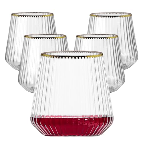 Lueumxc 40 Pack Plastic Ribbed Wine Glasses, 14Oz Origami Disposable Wine Glasses Unbreakable Clear Plastic Cocktail Glasses Recyclable Shatterproof Reusable Wine Cups (14oz-Gold Rim 40pack)