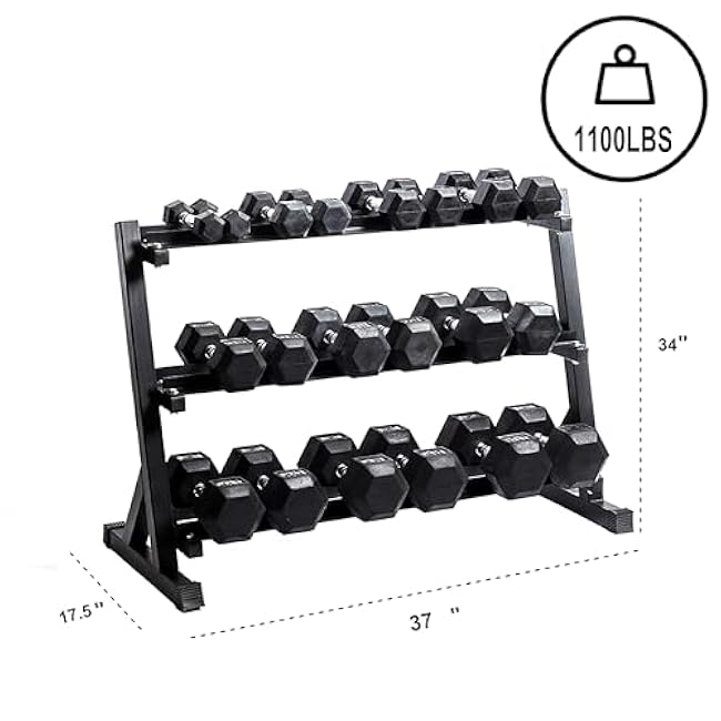 Dumbbell Rack Adjustable 3-Tier Weight Stand, 1100LB Capacity Heavy Duty Weight Storage Rack for Home Gym