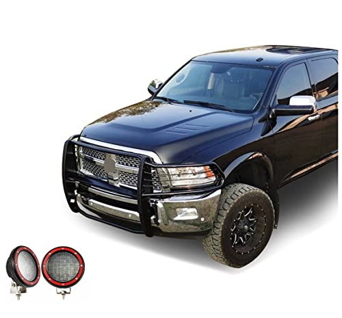 Image of Black Horse Grille brush Bumper Guard Modular Black Come With Pair of 5.3 inch Dia.LED Lights with Red Trim Rings Compatible with 2010-2018 Ram 2500|2011-2018 Ram 3500-17DR01MA-PLFR