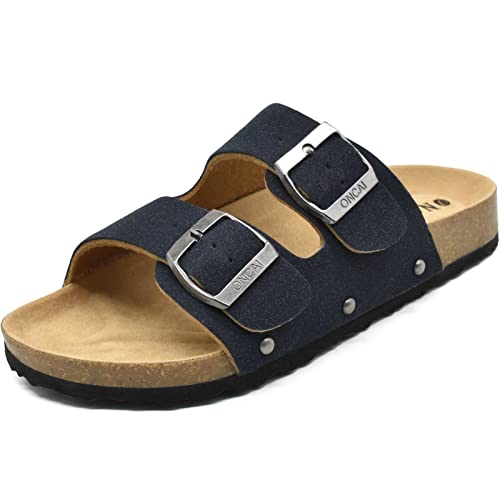 ONCAI Flat Fashion Slides Sandals Womens Cork Footbed Open Toe Vegan Leather Strap Slip On Adjustable Double Buckle Mules Sandals Blue Size 8 UK