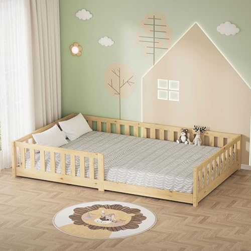 ML-Design Cama de Suelo Infantil 120x200 cm Natural Madera Maciza de Pino con Somier de Láminas y Protección Anticaída Cuna Doble Lecho para Niños y Bebés Mobiliario para Habitación Juvenil