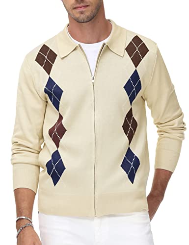 PaulJones Hombres Cardigan Manga Larga Diamante Check Patrón de Contraste Cierre Cremallera Simétrico Solapa Alto Estiramiento Suéter, Amarillo albaricoque., XXL Cover
