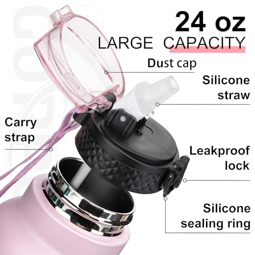 GOPPUS 750ml/26oz Stainless Water Bottle with Straw Double Wall Insulated Bottles with Strap Reusable Vacuum Thermal Flask Leakproof Keep Cold Drinks Bottles with Flip Top Lid for Men Women BPA Free - Image 3