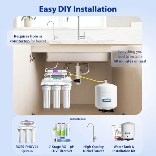Image of APEC Water WQA Certified 7-Stage Reverse Osmosis Drinking Water Filter System with Alkaline Mineral pH+ Remineralization and UV Water Filter, Ultra Safe Removes 1K+ Impurities, Brushed Nickel, 75 GPD