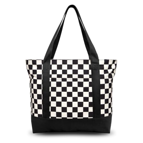 Image of TOPDesign 1-Pack Canvas Tote Bag with an External Pocket, Reusable Grocery Shopping Bag, Top Zipper Closure, Daily Essentials (Checkerboard /Black)