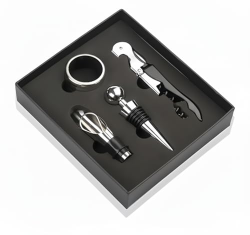 Conjunto de Acessórios para Vinho 4 peças, Abridor de Vinho Saca Rolhas Metálico e Tampa Dosadora Bico Aerador Para Garrafa, Estojo Presente.