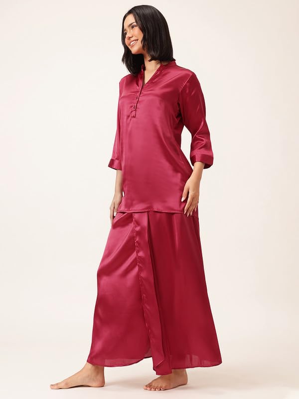 Image of Clovia Women's Chic Basic Satin Long Button Down Top with Dhoti Style Skirt