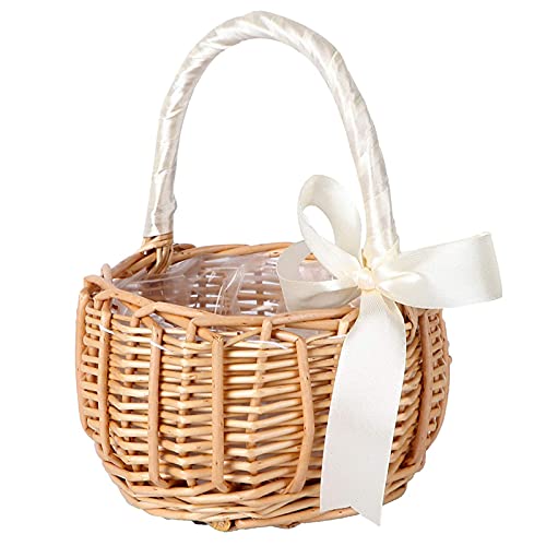 Cesta de Niña de Las Flores, Cesta de Flores de Ratán, Cestas de Mimbre para Bodas con Cinta, Cesta de Flores Tejida a Mano con Asa, para la Decoración de la Fiesta de la Boda en Casa, 15 * 8 cm