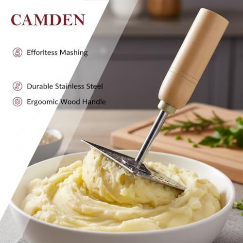 Image of CAMDEN Premium Stainless Steel and Wooden Handle Potato Masher | Strong Handle with Premium Polish | Rust Free Heavy Duty Vegetable Masher for Kitchen (Square)