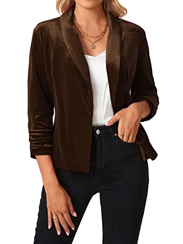 MINTLIMIT Women's Open Front Velvet Blazer 3/4 Scrunched Sleeve Shawl Lapel Business Office Suit Jacket (Dark Brown, Size 2XL)