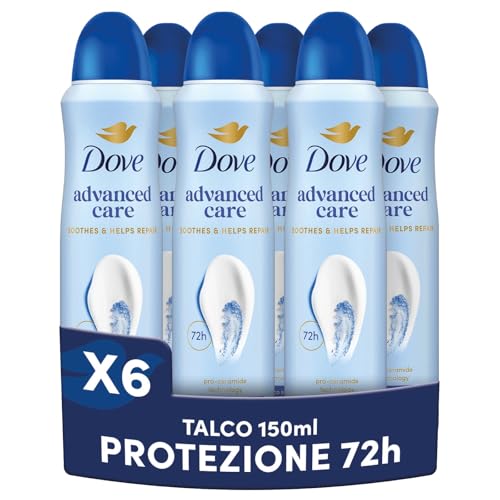 Dove Deodorante Spray Advanced Care Talco, con Formula Idratante e Delicata sulla Pelle, Senza Alcol, Pelle Asciutta Fino a 72 Ore, Deodorante Uomo e Donna, 6 Pezzi da 150ml