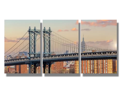LSIUHWUWI Bathroom Wall Decor Manhattan Bridge Wall Art Manhattan Wall Decor USA Wall Art for Living Room Manhattan City Skyline Bedroom Decor 3 Pieces Artwork Framed Ready to Hang 12X16X3 INCH
