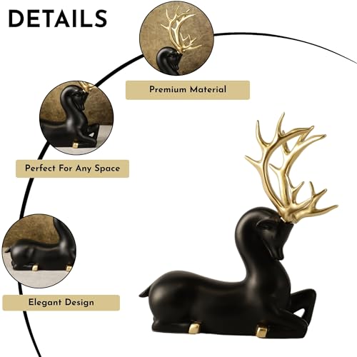 Image of ARMONIA Black Reindeer Figurine with Gold-Toned Antlers Seated Decorative Statue in Lightweight & Durable Design | Luxury Home Decor Accent & Perfect Gifting, Figurine for Home Decor Gift,Housewarming