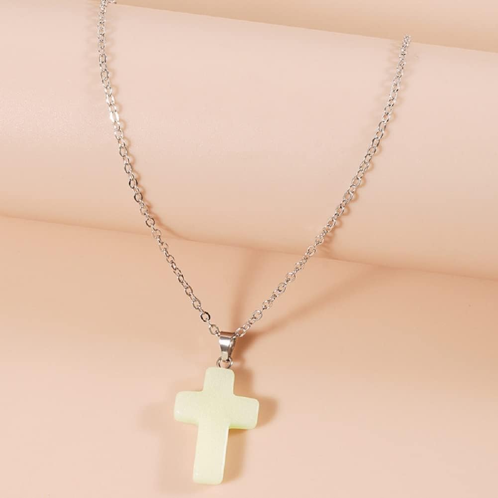 ASFKIPMF Glow in The Dark Crystal Pendant Necklace, Luminous Hexagonal Moonstone Necklace, Fluorescent Stone Necklace, Glowing Gemstone Cross Crystal Charms for Necklace (Cross)
