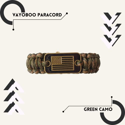 VAYOBOO Paracord Bracelet - Tactical Survival Bracelet for Men with Bronze USA Flag - 3 Adjustable Sizes - Green Camo, L2