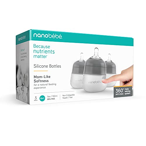 Nanobebe Flexy Silicone Baby Bottles, Anti-Colic, Natural Feel, Non-Collapsing Nipple, Non-Tip Stable Base, Easy to Clean 3-Pack, Gray, 150ml