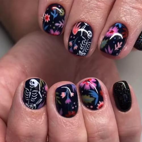 Halloween Black Press on Nails Short Square White Skull Fake Nail...