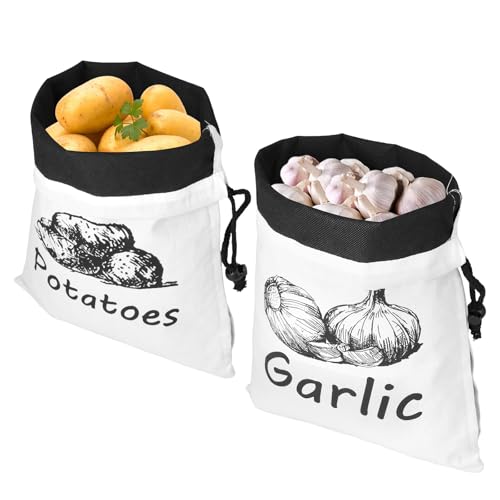 Deuson 2 Stück Kartoffelbeutel,Obst und Gemüsebeutel aus Canvas,26 * 35cm,Knoblauch Beutel mit Seitlichem Reißverschluss,Kartoffel Zwiebel Knoblauch Aufbewahrung (Kartoffel + Knoblauch)
