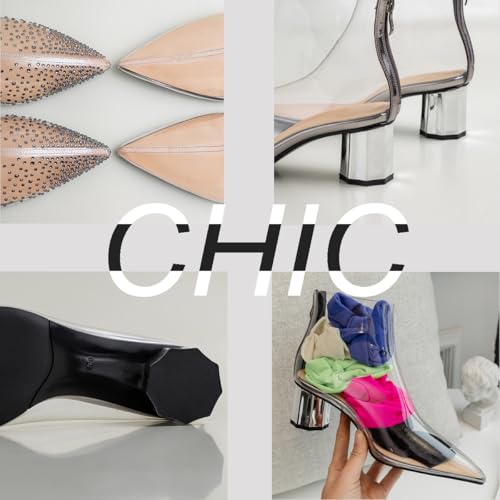 MOOMMO Women Clear Chunky Heel Ankle Booties Pointed toe Rhinestone Metal Block Heel PVC Transparent Booties Sandals Back Zipper Summer Dress Boots Party Wedding Dance Shoes Fashion 4-10 M US2