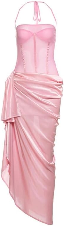 JSEIAJB Fashion Color Hanging Neck Weekend Skirts Tube Top Hip-Wrapped Dress Splicing Sleeveless Cocktail Dresses