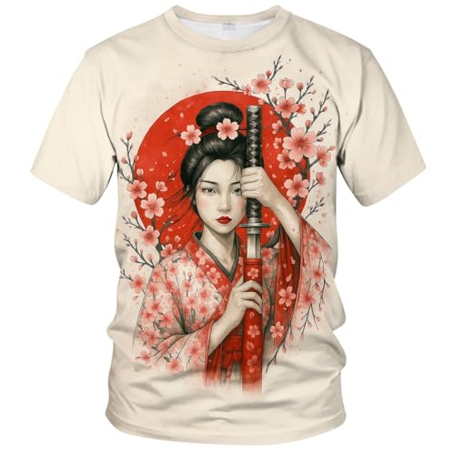 LAOLIUSN Japanese Warrior T-Shirt for Men Japanese Sword Fighter Tee Shirt,Pink,L