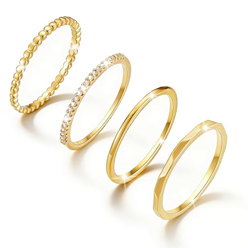 Lunvky Sterling Silver Stacking Rings for Women Girls 14K Gold Plated Ring Non Tarnish Thin Trendy Stackable Dainty Finger Pinky Thumb Wedding Band Rings Set Jewellery Gifts Gold Dot Size 8