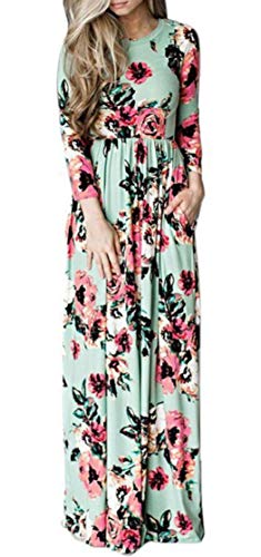 OKWIN Damen Kleider Blumen Kleid Elegant Maxikleid Floral Print Böhmischen Strand Maxi Kleid Casual Lange Dress Rundhals Blumenkleid