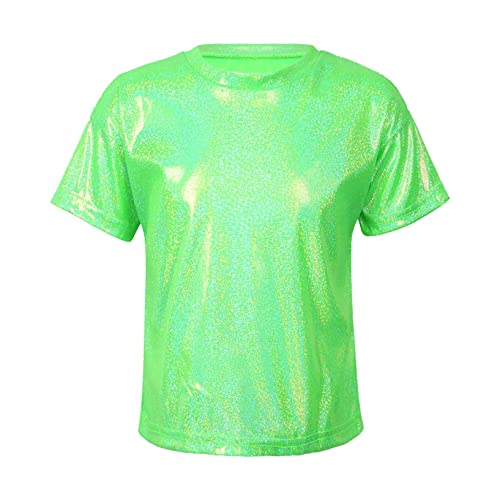 Oyolan T-Shirt Métallique Enfant Fille Garçon Haut Manches Courtes Top Danse Hip Hop Brillant Tenue Danse Modern Jazz Dancewear 3-16 Ans A Vert Fluo 9-10 Ans