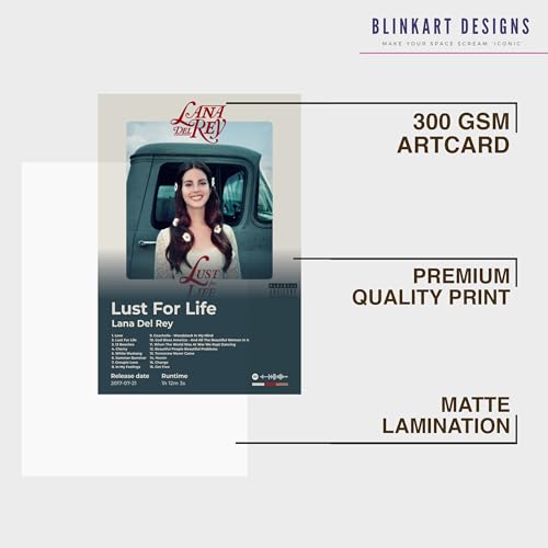 Image of BLINKART LanaDelRay- Lust For Life Wall Photo Frames | Wall Art for Bedroom, Living Room, Studio or Office | Album Cover Print with Spotify Song Link QR Code | Gift for Fans - 8x12 In