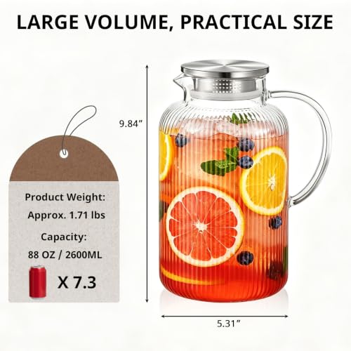 Image of Bivvclaz 2.6 Liter 88 oz Stripes Glass Pitcher with Lid and Handle