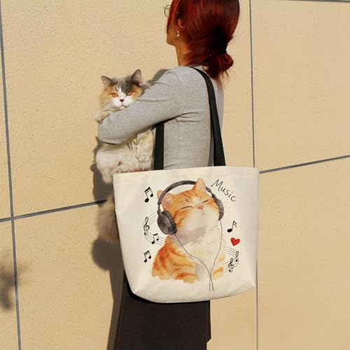 Bolso tote con diseño de auriculares y gato, bolso de hombro ligero y lavable, regalo estético para mujeres y amigas miniatura 2